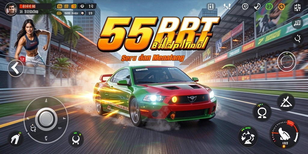 Tampilan gameplay balap mobil penuh aksi di 55RT.