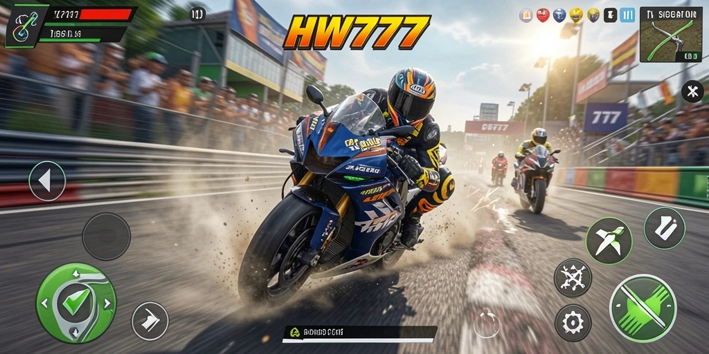 Screenshot utama HW777 menampilkan akselerasi menegangkan di lintasan balap.