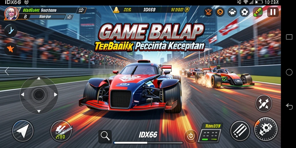 Tangkapan layar gameplay <strong>IDX66</strong> menampilkan momen balapan yang mendebarkan di trek yang indah.