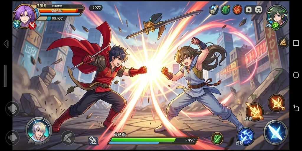 Screenshot gameplay PP7 menampilkan pertarungan karakter Anime yang epik.
