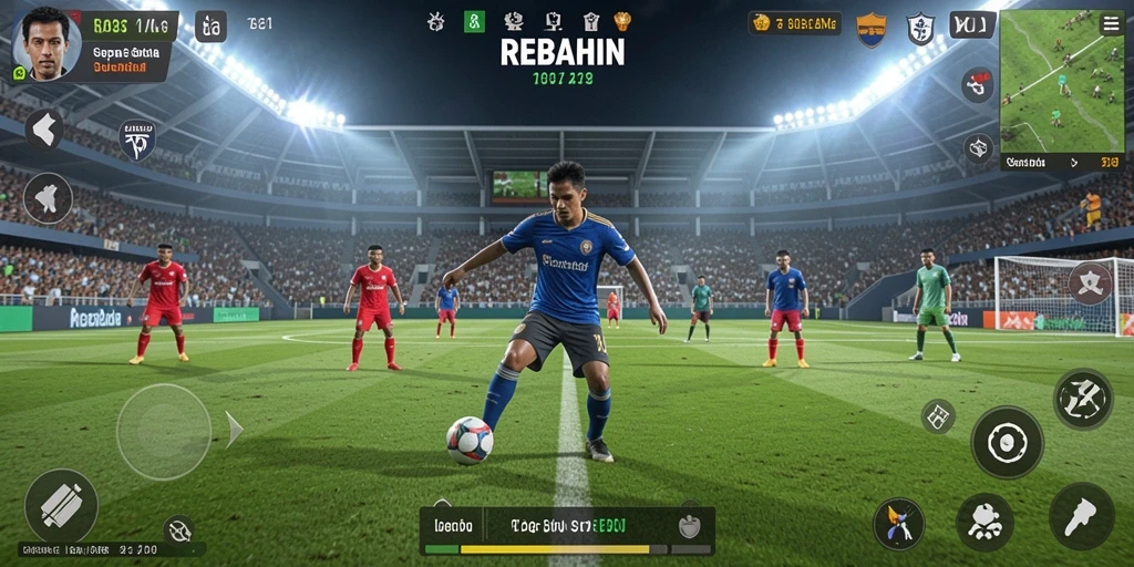 Screenshot gameplay yang menunjukkan aksi seru di dalam sepak bola.