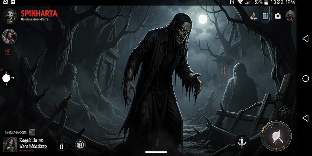 Screenshot gameplay SPINHARTA yang menampilkan suasana horor mendebarkan.