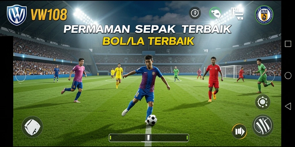 Screenshot gameplay VW108 yang mendebarkan di lapangan sepak bola.